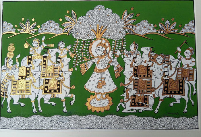Krishna with Cows — Green — Kalyan Joshi